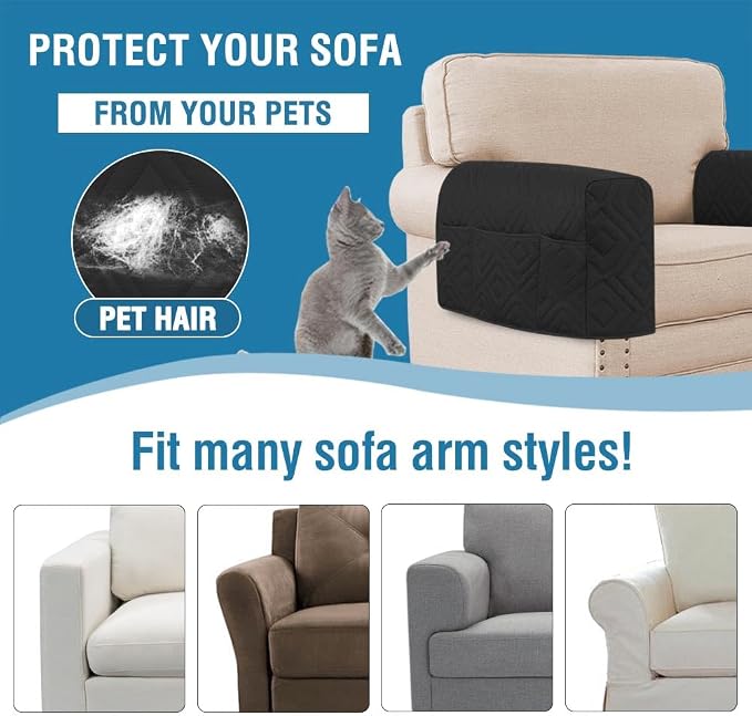 H.VERSAILTEX Water Resistant Armrest Covers for Sofa, 2 Pack, Black/Grey | Waterproof Armchair Caddy, Couch Arm Covers Remote Control Holder Sofa Armrest Organizer for Magazine, Tablet, Phone, iPad