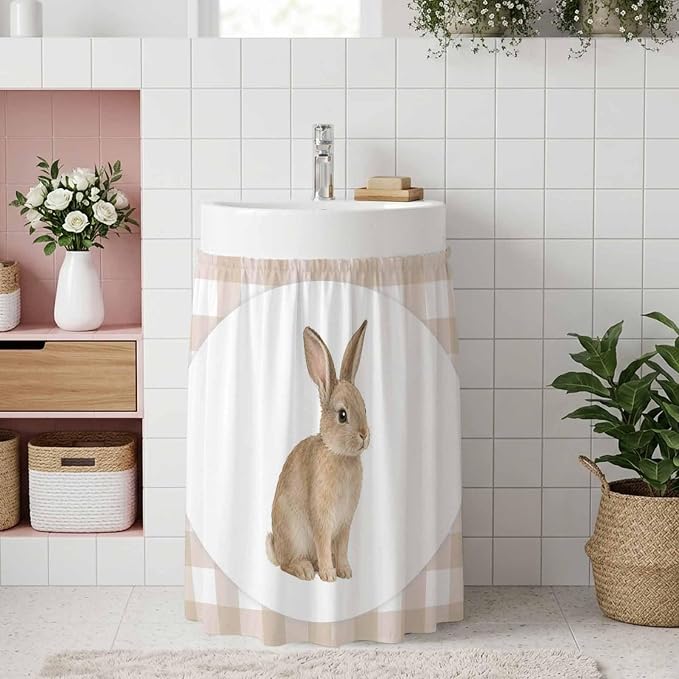 Rabbit Plaid Oven Skirt Curtain for Kitchen Decor 28"x35", Modern Farmhouse Checkered Rustic Animal Self Adhesive Stove Curtains Skirt Cabinet Curtains for Bathroom Laundry Room