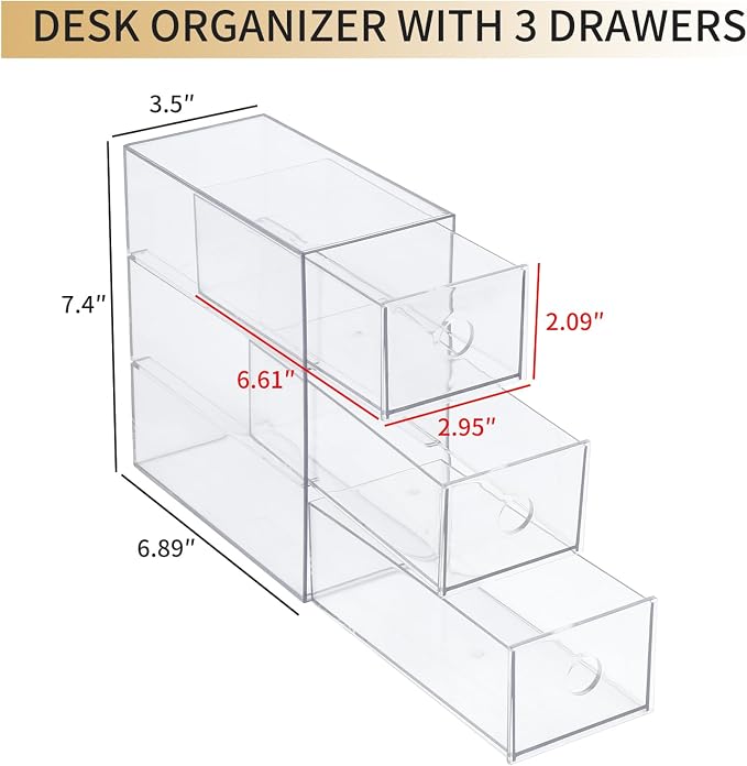 Clear Desk Drawers Organizer, 4 Pack, 12 Drawers, Plastic | For Home Office Supplies, Marker Pen, Art Crafts, Crayons, Coffee Pods, Makeup, For Bathroom, Kitchen, Pantry, Coffee Bar