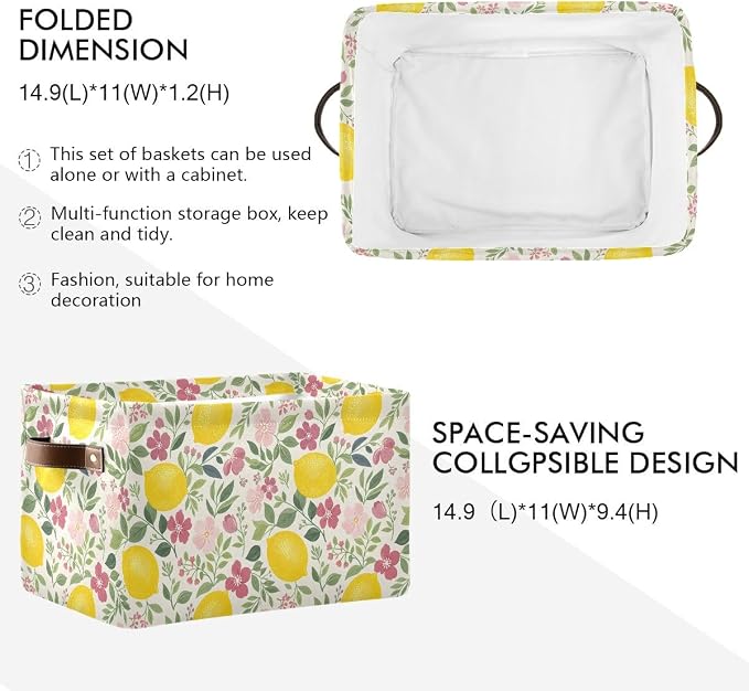 susiyo Large Foldable Storage Bin Beautiful Floral Lemon Fabric Storage Baskets Collapsible Decorative Baskets Organizing Basket Bin with PU Handles for Shelves Home Closet Bedroom Living Room-1Pack