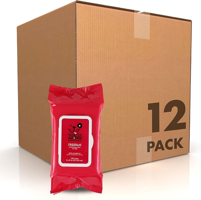 Wags and Wiggles Freshen Deodorizing Wipes for Dogs, Fresh Strawberry Scent - Dog Wipes that Eliminate Odors Between Baths, Easy at-Home Grooming, Dogs and Puppies, 100 Count - 12 Pack
