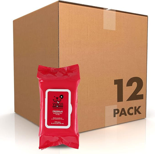 Wags and Wiggles Freshen Deodorizing Wipes for Dogs, Fresh Strawberry Scent - Dog Wipes that Eliminate Odors Between Baths, Easy at-Home Grooming, Dogs and Puppies, 100 Count - 12 Pack