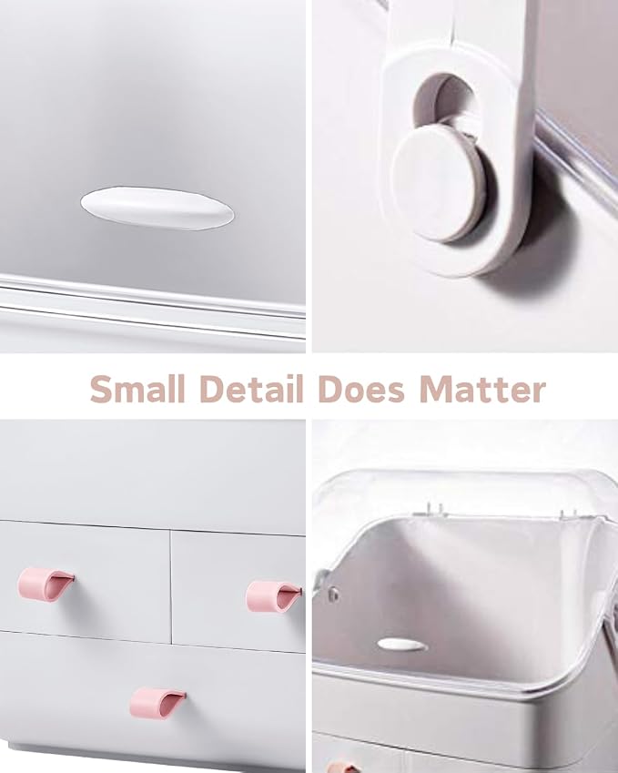 LINFIDITE Cosmetic Storage Box with Lid Makeup Organizer Box with Dust Free Cover Portable Handle,Large Makeup Display Case with Drawers Fully Open Lid,Great for Dresser Bathroom Countertop