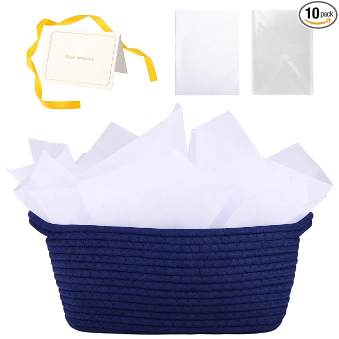 woric Navy Blue Baskets for Gifts Empty Small Woven Gift Basket | Blue Gift Basket for Baby Shower Storage Organizer Toys Presents ( 12"X 8" X 5" with Gift Bag Card Ribbon Tissue Paper)