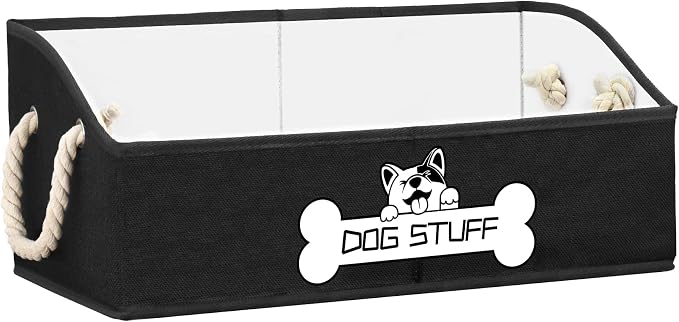 Dog Toy Basket, Storage Bin, Collapsible Box for Pet Accessories | Fabric Container With Handle, Trapezoid Holder for Small Medium dogs, Organizer for Living Room, Black