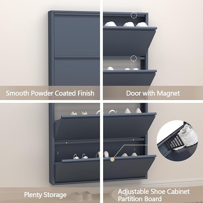 GREATMEET Shoe Cabinet with 4 Flip Drawers, Slim Metal Shoe Cabinet Storage for Entryway, Hidden Narrow Shoe Rack Organizer Cabinets Wall Mount for Living Room, Bedroom, Hallway, Blue