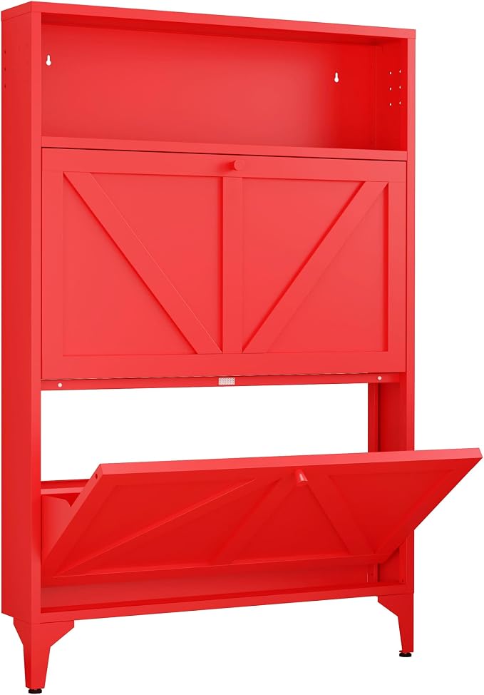 Shoe Cabinet with 2 Flip Drawers, Narrow Shoe Storage Cabinet, Farmhouse Shoe Organizer, Freestanding Organizer with Metal Legs for Entryway, Foyer (Red, 2 Door)