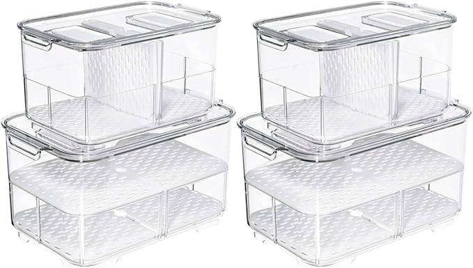 SANNO Fridge Produce Saver Storage Vegetable Fruit Containers Food Produce Saver Container Stackable Refrigerator Organizer Bins Fresh Keeper Drawers Organizer, Set of 4