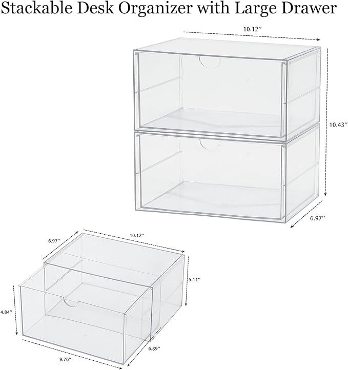 Clear Plastic Drawer Organizer, 2 Pack, 2 Drawers | Stackable, For Office Supplies, For Marker Pen, For Art Crafts & Stationery, For Coffee Pods