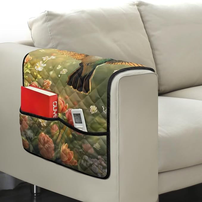 Hummingbird Sofa Armrest Covers Non-Slip Arm Rest Covers Washable Couch Arm Cover with 2 Pockets Dustproof Furniture Protector for Living Room Decoration