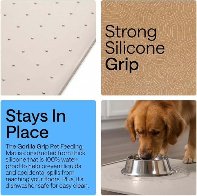 GORILLA GRIP 100% Waterproof Raised Edge BPA Free Silicone Pet Feeding Mat, Dog Cat Food Mats Contain Spills Protects Floors, Placemats for Cats and Dogs Water Bowl, Pets Accessories 26x17 Beige