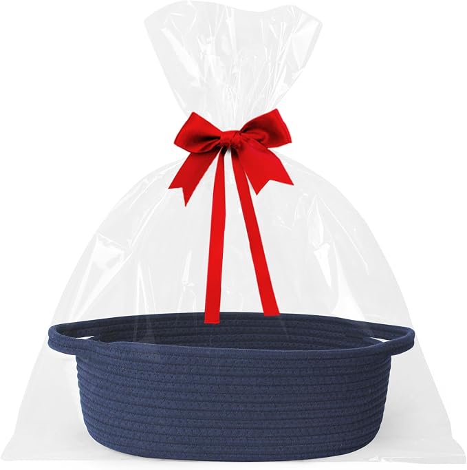 Small Baskets for Gifts Empty, 13"x 9"x 5" Woven Gift Basket with Bag and Ribbon, Cotton Rope Kids Dog Cat Toy Bin Box, Cute Baby Nursery Organizer, Decorative Storage with Handles,Dark Blue