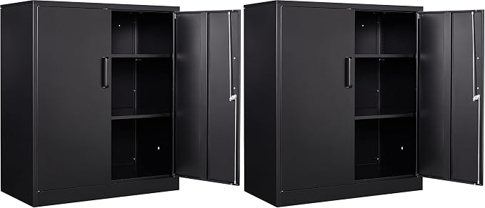 Metal Garage Storage Cabinet with 2 Doors and 2 Adjustable Shelves - 35.5" Steel Lockable File Counter Cabinet for Home Office,Garage,Gym,School（Black） (Pack of 2)