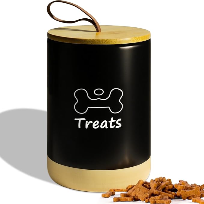 Dog Treat Container Airtight - 5 Inch Wide x 7.5 Inch Black Ceramic Dog Treat Jar for Kitchen Counter, Doggie Cookie Jar with Airtight Bamboo Lid - Farmhouse Style Dog Food Storage Container