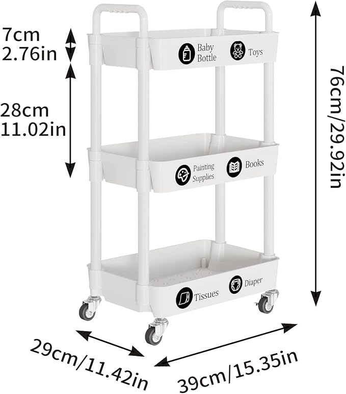 Laiensia 3-Tier Rolling Cart with Wheels,Multifunction Utility Storage Carts, Kitchen Storage Organizer,Mobile Shelving Unit for Bathroom,Laundry,with Classified Stickers,White (Pack of 2)