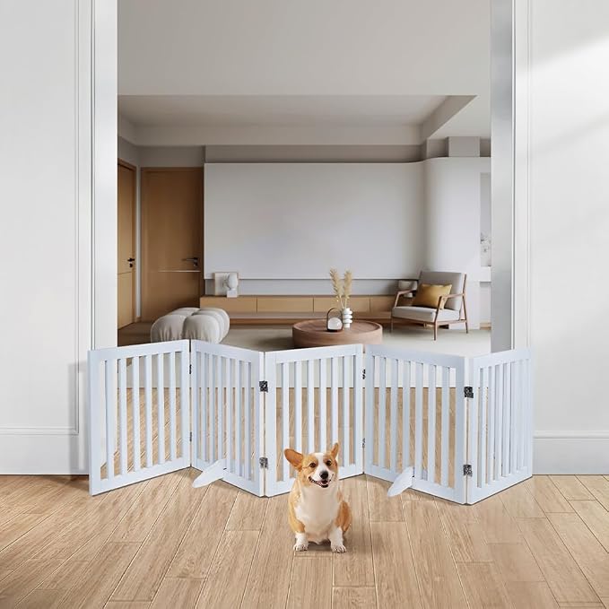 unipaws 24”H Free Standing Pet Gate for Dog Cat, 100”Wide Wooden Dog Gates | Foldable Pet Fence for Doorway, Stairs, Step, Expandable Doggy Barrier, Indoor Use, White