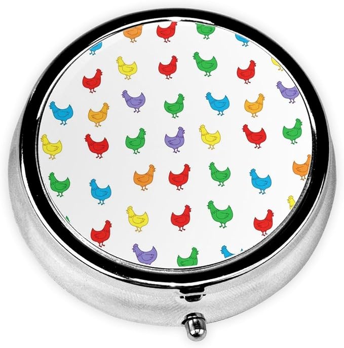 Portable Pill Organizer, Hens Chicken Rainbow Round Cute Container, Mini Case for Vitamins, Travel Holder Purse Use for Women
