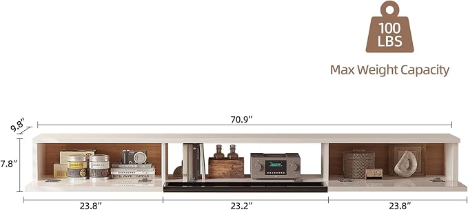 FurniNova 70 inch Floating TV Stand, Modern PET High Gloss Wall Mounted Media Console with Glass Door, Plywood Entertainment Center for 75 inch TV,White