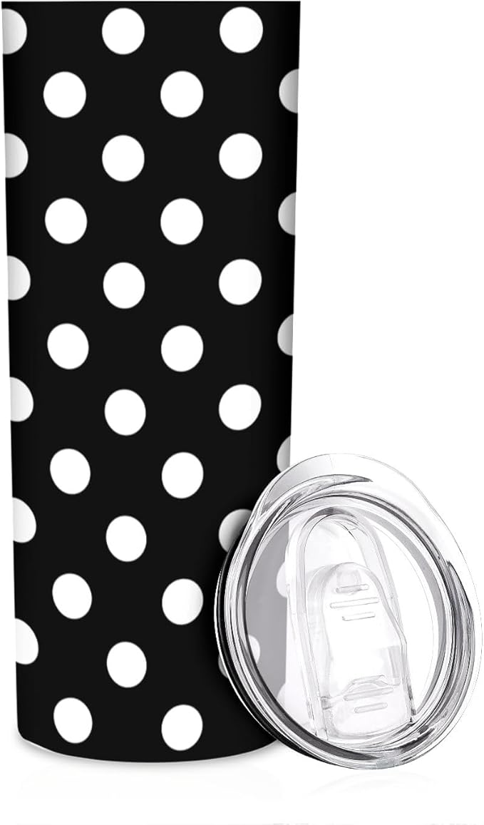 20 oz Insulated Stainless Steel Tumbler Mug, White Black Polka Dot Cup with Lid, Hot and Cold Insulation Presents for Men Women Teens