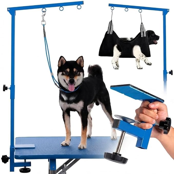 Dog Grooming Table Arm with Hammock - Adjustable Height, Pet Grooming Hammock, No Sit Haunch Holders, Loop Noose Heavy-Duty Clamp (Blue)