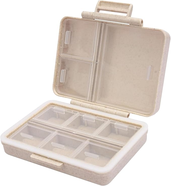 Travel Pill Organizer, 9 Compartments Portable Small Pill Box | Double Lock Daily Pill Dispenser, Made from Wheat-Straw, Hold Medicine Vitamin Supplements Fish Oils, for Travel, Work, Beige