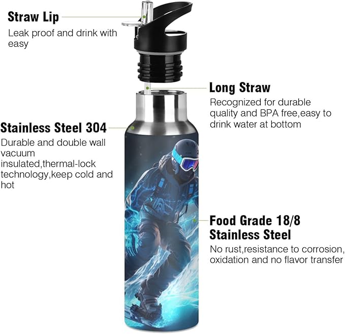 Skier Ski Water Bottle with Straw Lid Kids Insulated Stainless Steel Water Flask Sports, 20 Oz Hot Cold
