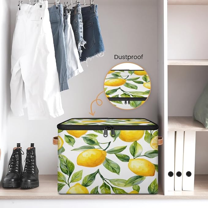 Pardick Storage Bin Fruit Lemon Storage Baskets with Zipper Lid & Handle Foldable Closet Shelf Cloth Organizer Basket Cube Bins Clothes Organizer for Nursery, Bedroom