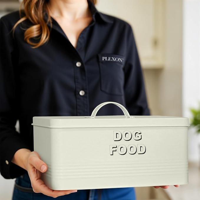 Plexon Metal Dog Food Storage Container with Scoop - Small Dog Food Container 10lbs Holder Treat Jar Bin with Lid - Pet Chow Storage Canister Tin, 2 Gallon, Off-White