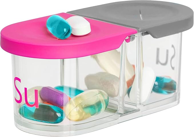 Sagely XL Pill Organizer, Weekly Pill Box, Cute Durable Magnetic Removable Pods, Easy to Use, Spill Proof, Extra Large Enough to Fit Fish Oil, Cod Liver Oil, Supplements & Vitamins (Pink/Gray)