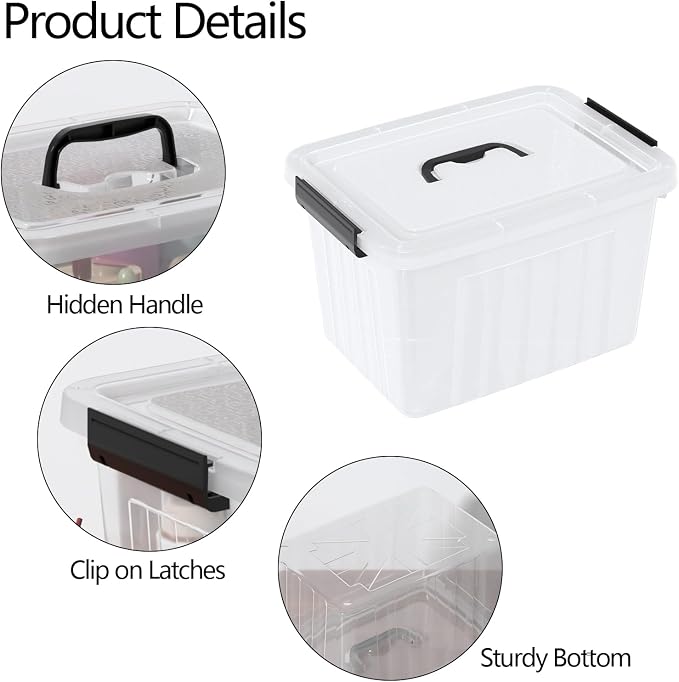 Clear Storage Latch Bin 12 Quart, Plastic Organizing Box, 6-Pack | Stackable Clear Containers with Secure Latching Lids / Black Handles, for Closet, Pantry, Garage, and Craft Storage