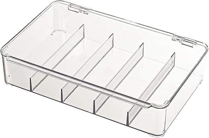 Clear Stackable Storage Box with Dividers, Dustproof Flip-Top Organizer for Desk Drawer, Transparent PET Container (1 Pack)