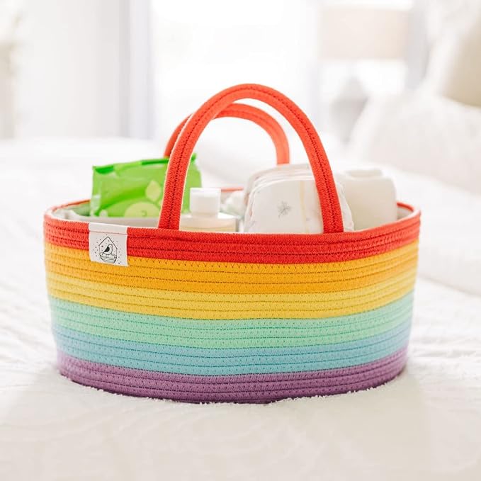 OrganiHaus Rainbow Rope Diaper Caddy Organizer, Nursery Basket | Woven handles; a toy bin, laundry bin, or newborn essentials storage; great for car, baby shower gifts, or bedroom decor