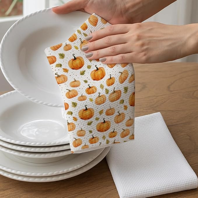 Thanksgiving Orange Pumpkin Kitchen Towels Fall Decor Gifts for Home,Hello Pumpkin,Flour Sack Dish Towels,Tea Towel Baking Cooking Drying Cloth for Kitchen,Fall Farmehouse Decoration