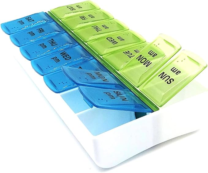 Weekly Pill Organizer Dispenser Case, 2 Times a Day, One-Side Open | 7 Day Medicine Planner Box for Easy Filling, AM PM Pill Case for Vitamins, Medication, Supplements, Fish Oils, Blue + Green