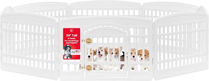 IRIS USA 8-Panel Dog Playpen, Pet Enclosure, White | Puppy Training, Multi-Shape Setup, Flexible Boundary, Configurable Layout, Tool-Free Assembly, Stable Non-Tip Base