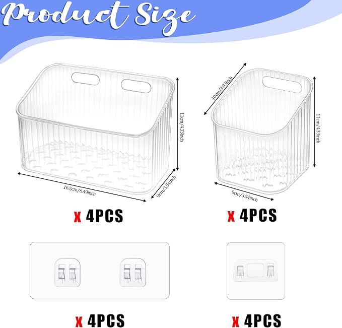 Clear Wall Basket, Wall Mounted Storage Bins, 8 Pcs | Plastic Cabinet Door Organizer Shower Caddy with Self-Adhesive Hanger, Containers Box for Bathroom Kitchen Pantry Countertop