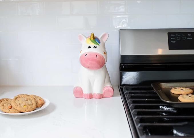 Dolomite Ceramic 10 x 7.3 Everyday Cookie & Candy Jar with Airtight Lid: Perfect for Kitchen Canisters, Pet Treat Containers & Decorative Magical Storage, Rainbow Unicorn With Stars