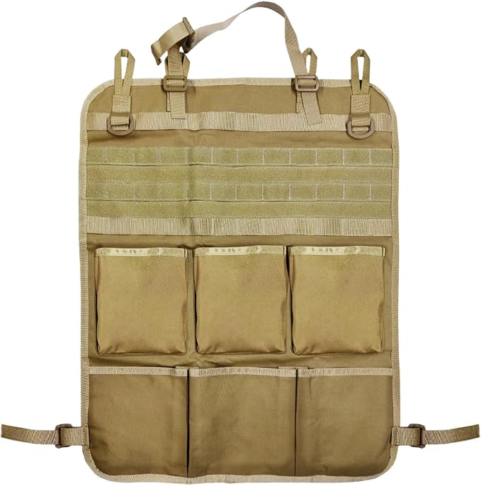 Tactical Molle Panel Car Seat Back Organizer, Waterproof Car Front Seat Protector with Multiple Pockets, Universal Kick Mat for Kids/Pets, Vehicle Backseat Storage Bag for Most Cars (Khaki)