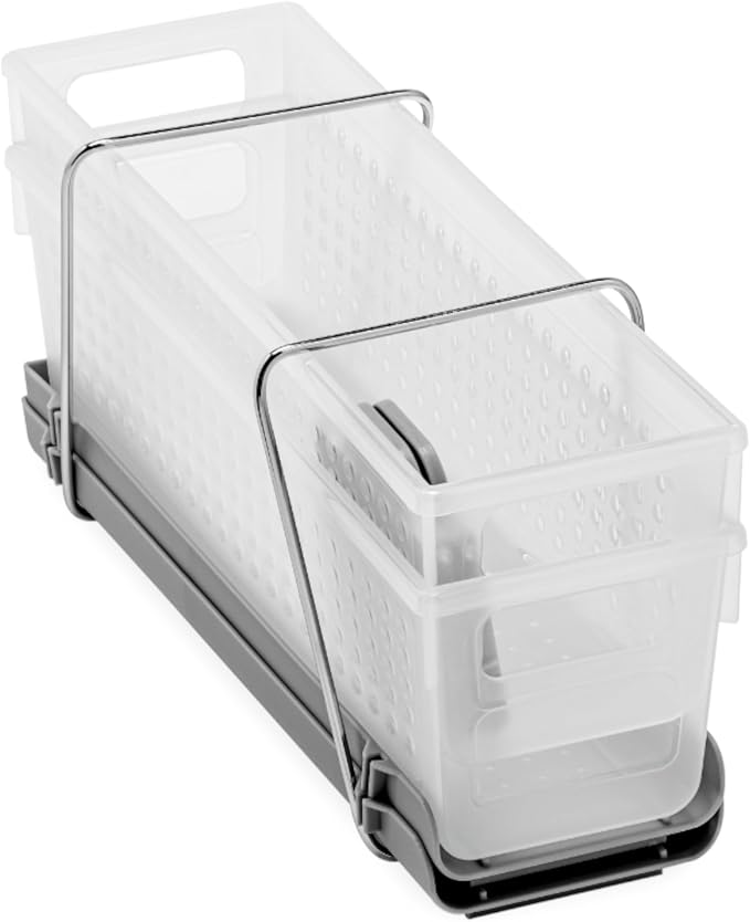 madesmart Compact Two Tier Organizer, Frost | pull out bins, adjustable dividers, tiered access, cleaning supplies, under sink use, pantry bottles, woman owned