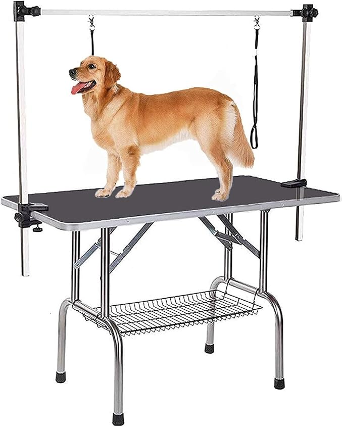 36" Professional Adjustable Pet Grooming Table Heavy Duty with Arm & Nosse & Mesh Tray for Large Dog Cat Shower Table Bath Station, Maximum Capacity Up to 300 LBS (Black 36 inch)