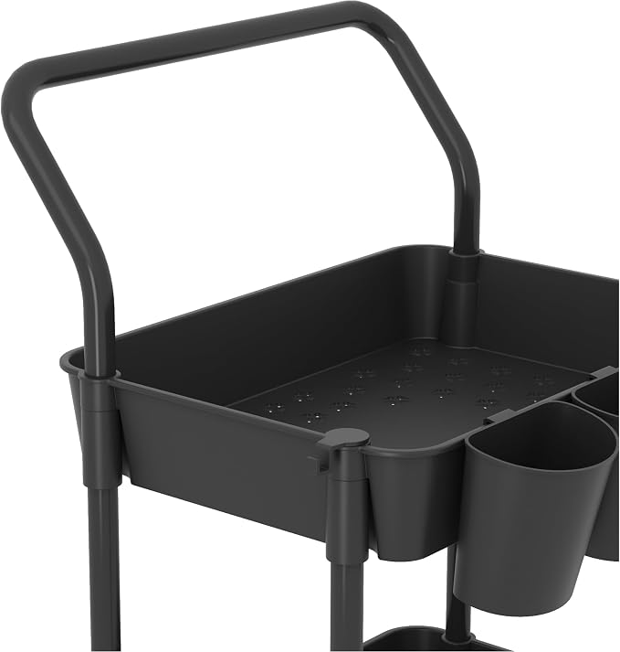 Buzowruil 4-Tier Rolling Utility Cart, Storage Cart with Handle Multi-Purpose and Locking Wheels,with Hanging Basket and Hook for Office, Kitchen, Bathroom,Black