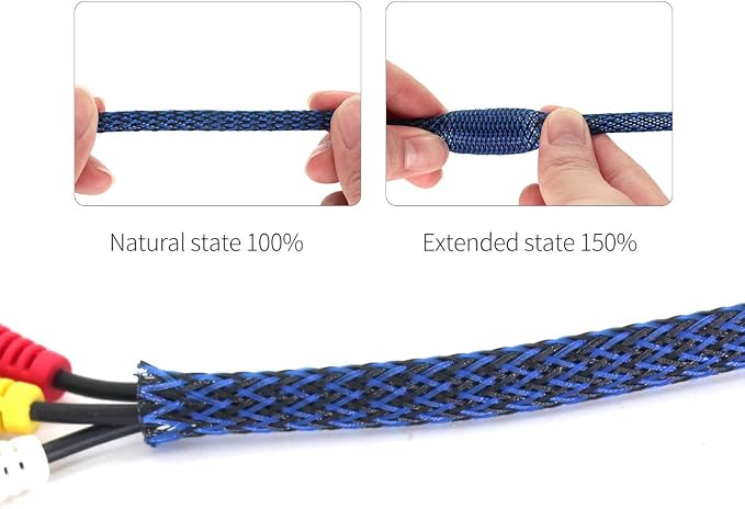 Black-Blue PET Expandable Sleeving Cord Protector Wire Loom Tubing Cable Sleeve for USB Charger Cable Power Cord Audio Video Cable Can Protect Cat Dog from Chewing Cords
