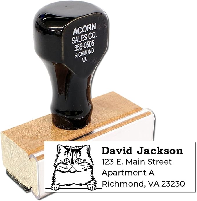 Peeking Persian Cat Wood Handle Return Address Stamp - 4 Line Rubber Stamp | Personalized to your text. Address Stamp for Housewarming Gifts. Custom Persian Cat Stationery Stamp. 4 lines.