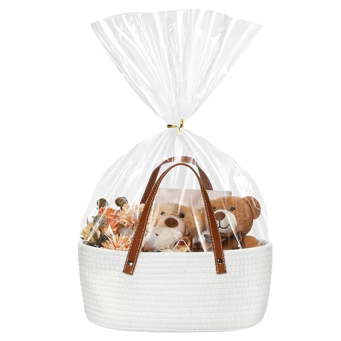 Colingmill Empty Woven Gift Basket with PU Leather Handle and Bag Cotton Rope Basket Organizer for Pet Toy Storage Baby Shower Birthday Party Wrapping Gift(12 * 8 * 5 Inch)