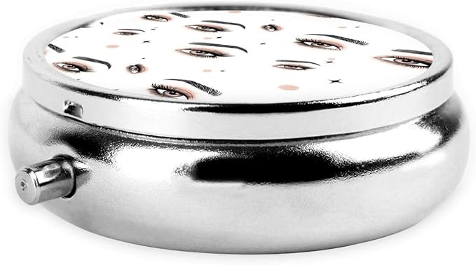 Round Pill Holder, Waterproof Organizer Case, Compact Travel Pill Box for Vitamins, Pocket Purse Use for Seniors, Gold Glitter Eyeshadow Beautiful Eyes Eyelash Black Lashes