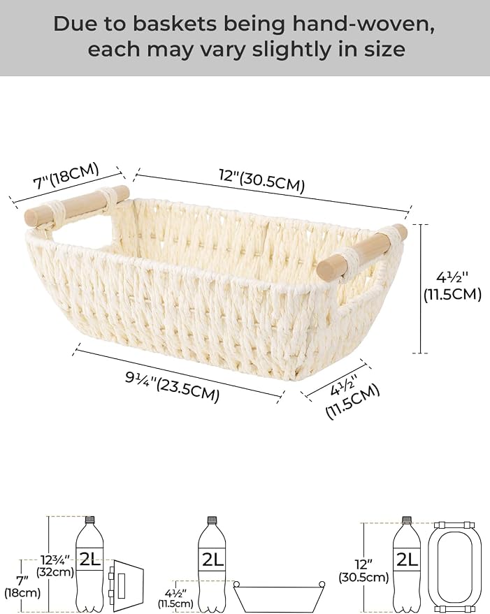 StorageWorks Small Storage Basket, Woven Basket for Shelves, Beige | Wicker Storage Baskets for Shelves, Baskets with Wooden Handles, 2-Pack Gifts Basket for Home Decor, Hand-Woven Basket