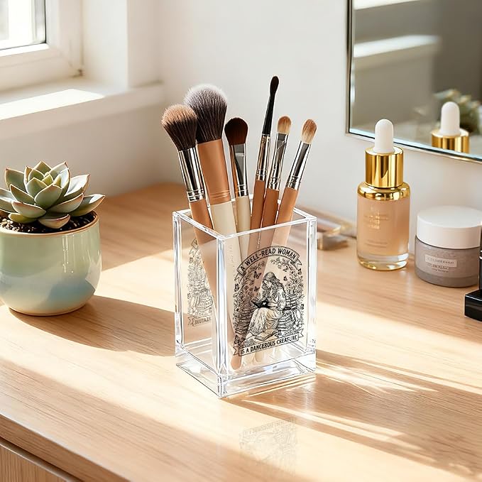 A Well-read Woman Is A Dangerous Creature Acrylic Pencil Holder Cup | Funny Floral Books Desk Organizer for Book Lover Bookish Booktrovert Readers, Women Empowerment Gifts for Mom Sister BFF