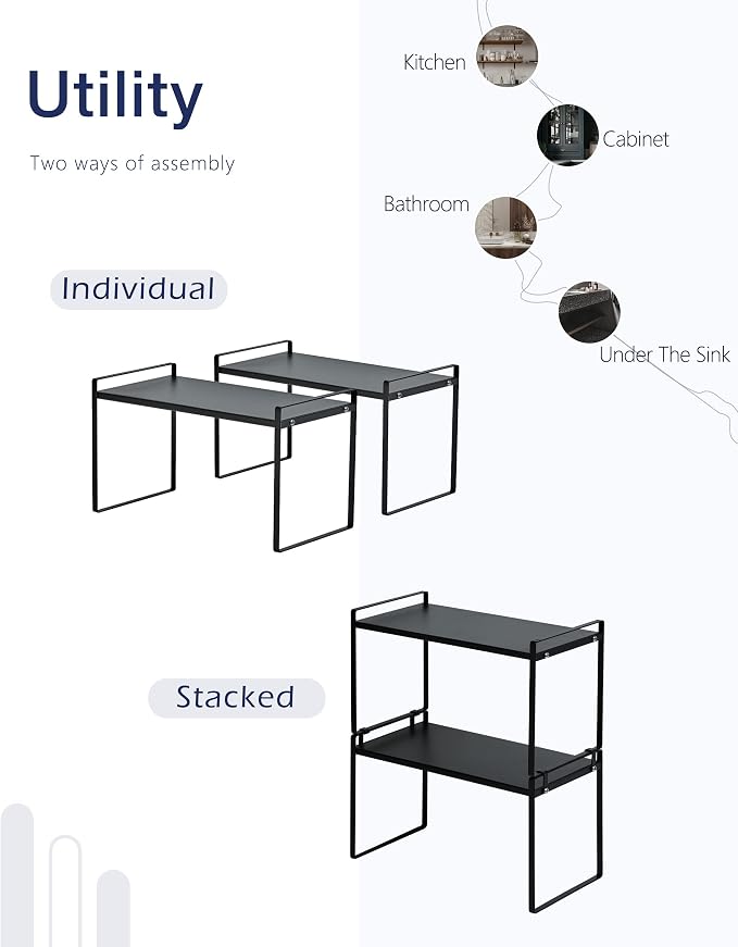 Nxconsu Stackable Cabinet Shelf Organizer 2 Pack, Wide Tall Black | Heavy-Duty 3mm Steel Stackable 2-Tier Shelf, Holds 50 lb, for Kitchen Cabinet Pantry Cupboard Counter Bathroom Under Sink