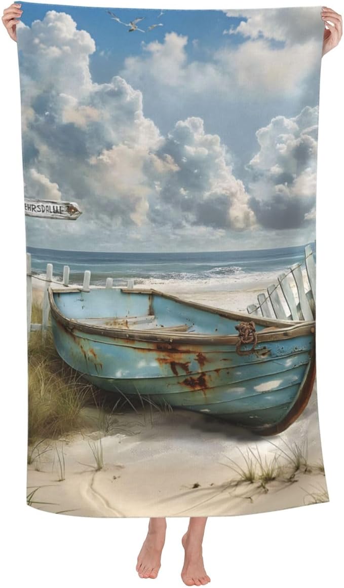 Coastal Boat Beach Towel 31inx51in, Rustic Sand-Free Microfiber Bath Towel Ultra Soft Quick Dry Pool Towel Absorbent Towel Lightweight Towel for Swimming Bathroom Decor