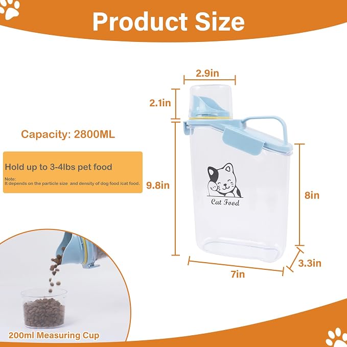Cat Food Storage Container Airtight |3 Qt/2.8 L Clear Plastic Cat Puppy Food Treats Container with Measuring Cup|Hold up to 3.8lbs Pet Food|Portable Food Containers for Travel|BPA Free-Blue